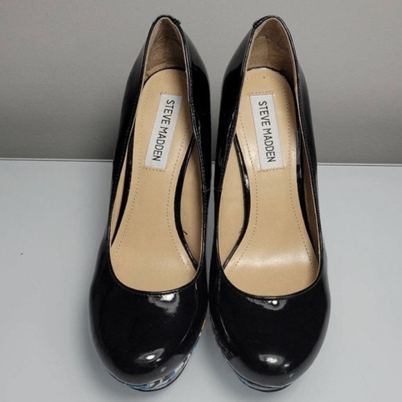Steve Madden Unique Platform Chunky Heels 6.5 Wedge Black Patent Leather Ikat - Picture 2 of 10